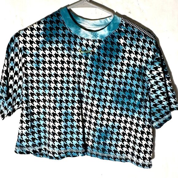 Nike Houndstooth Tie Dye Size Small Turquoise Teal Crop Cropped Top Tee Shirt - Picture 1 of 8